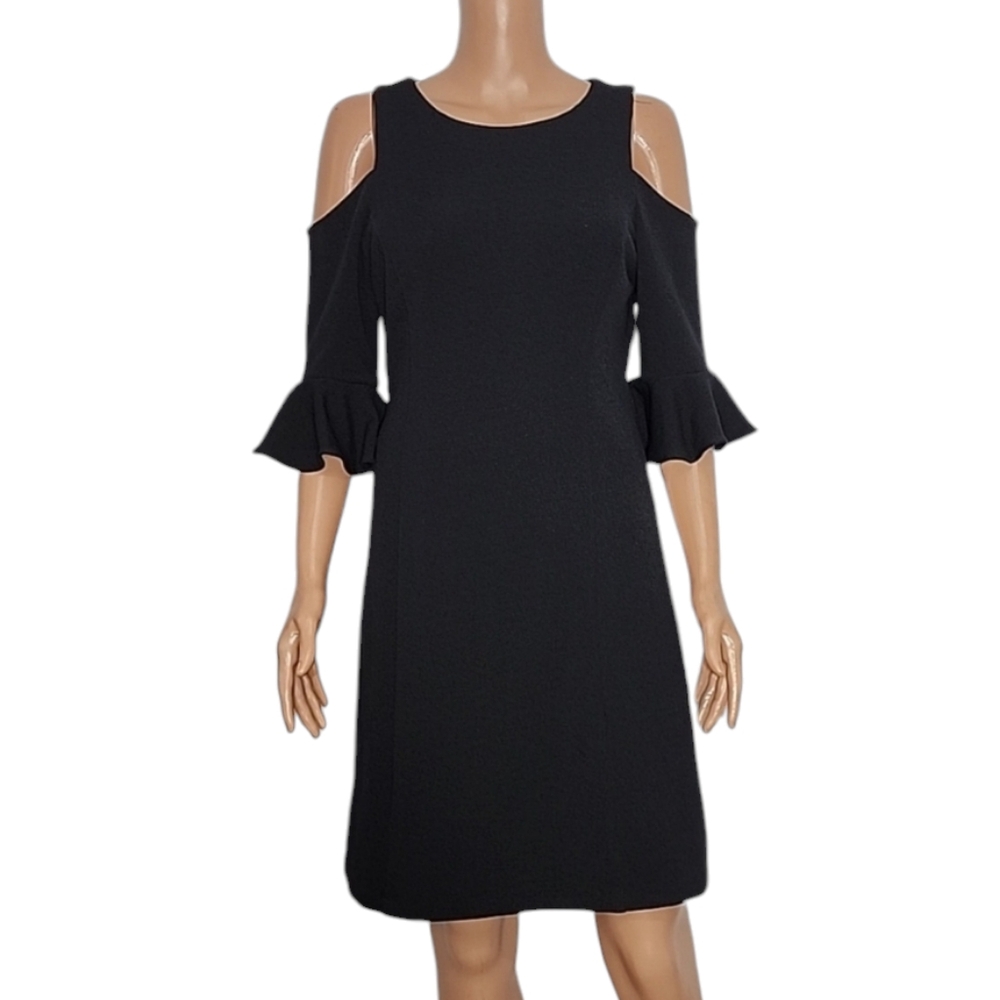 Nicole Miller Womens Off Shoulder Crew Neck Midi Sheath Dress Black Size 6 Small
